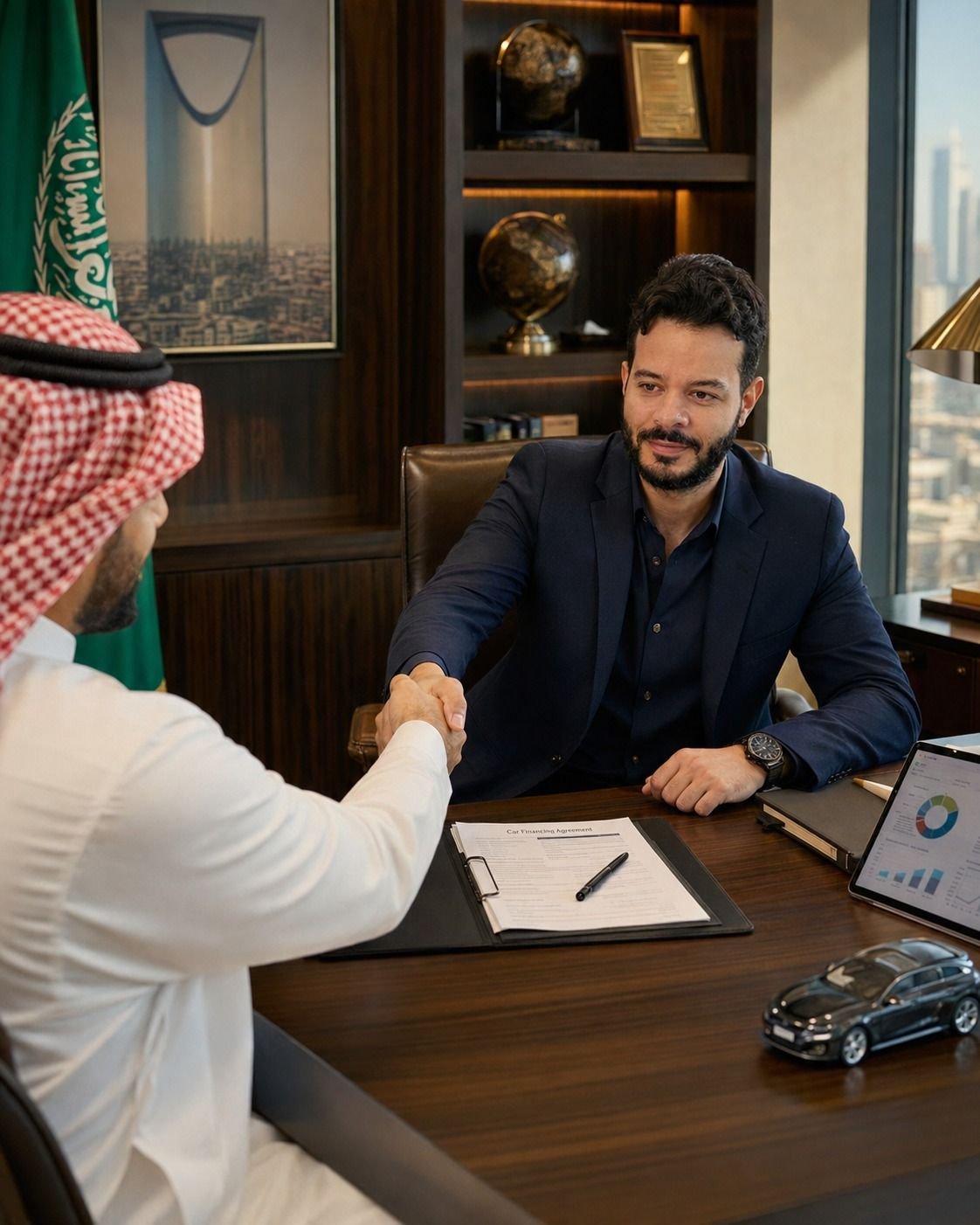 Ahmed shaking hands with a client after closing the deal