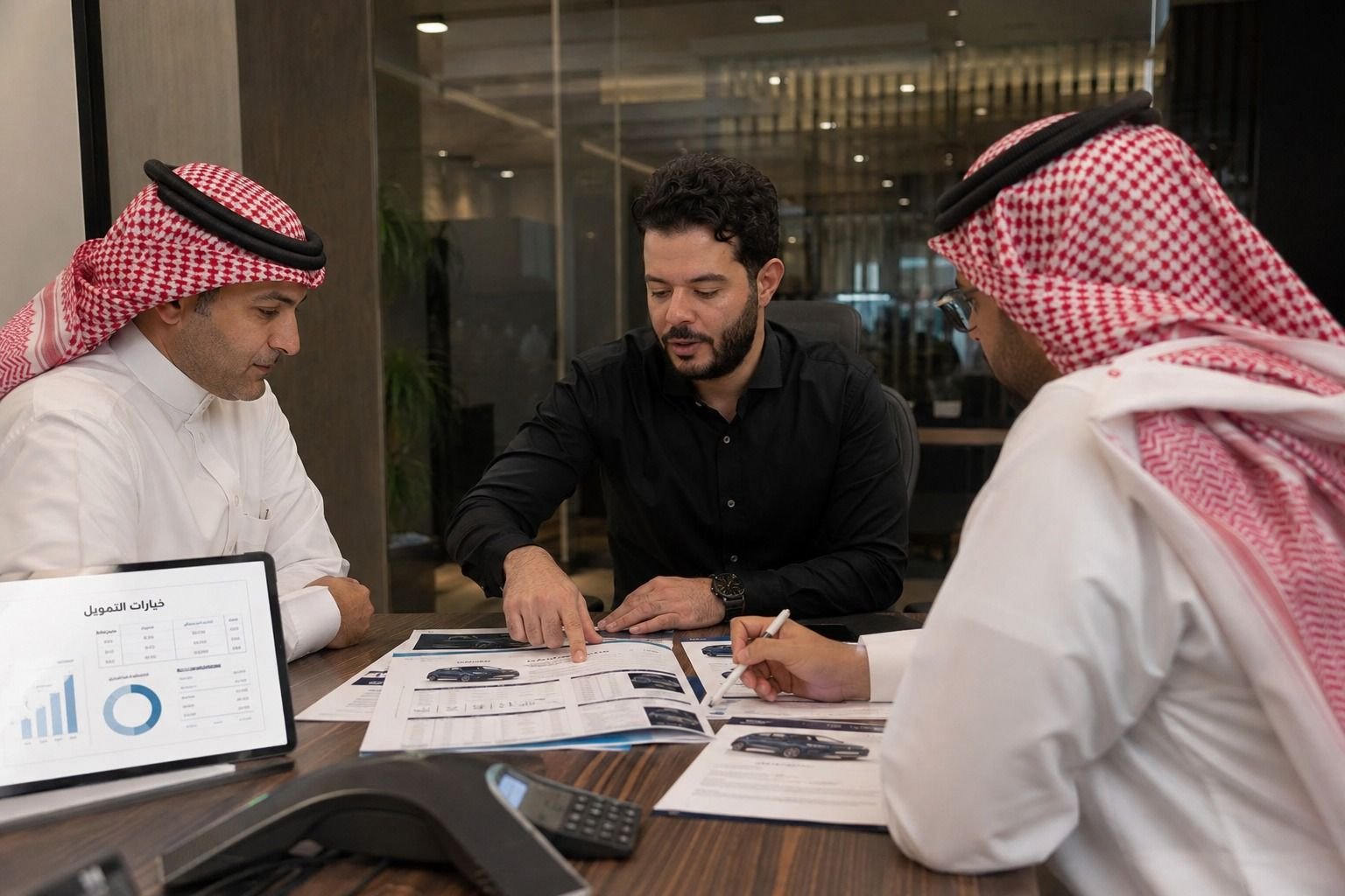 Ahmed explaining finance options to two clients