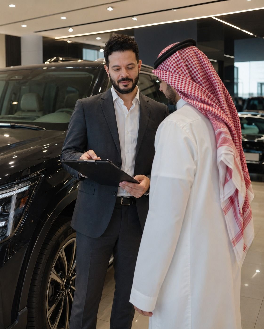 Ahmed reviewing a client's file at a showroom