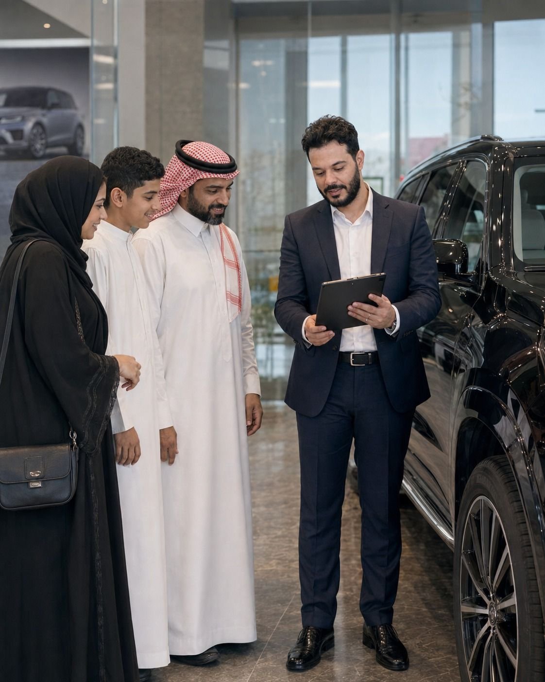 Ahmed explaining finance options to a family at a car showroom