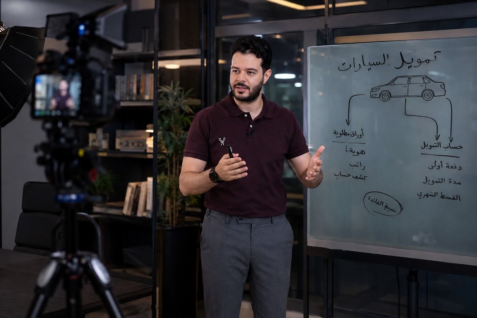 Ahmed explaining car finance basics on a whiteboard
